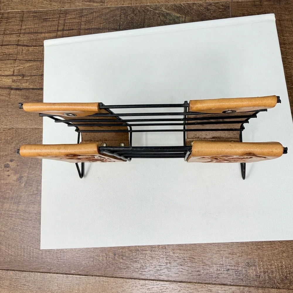Vintage Western Tooled Leather Napkin & Letter Holder Black Wire Desk Caddy